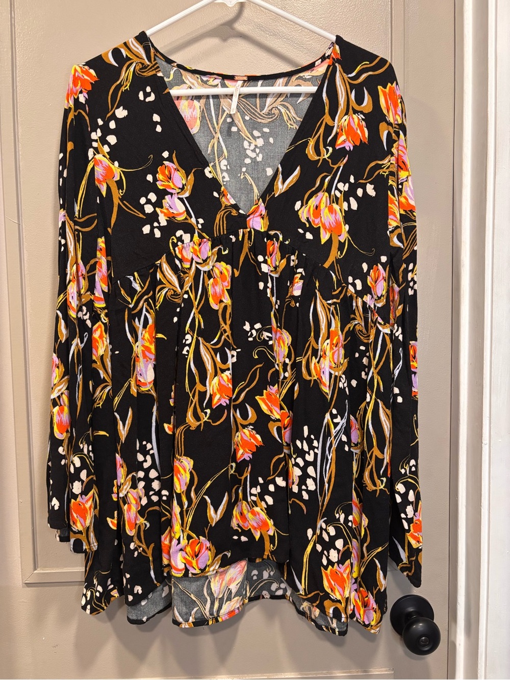 Free People Black Floral V-Neck Tunic with Orange and Pink Blooms
